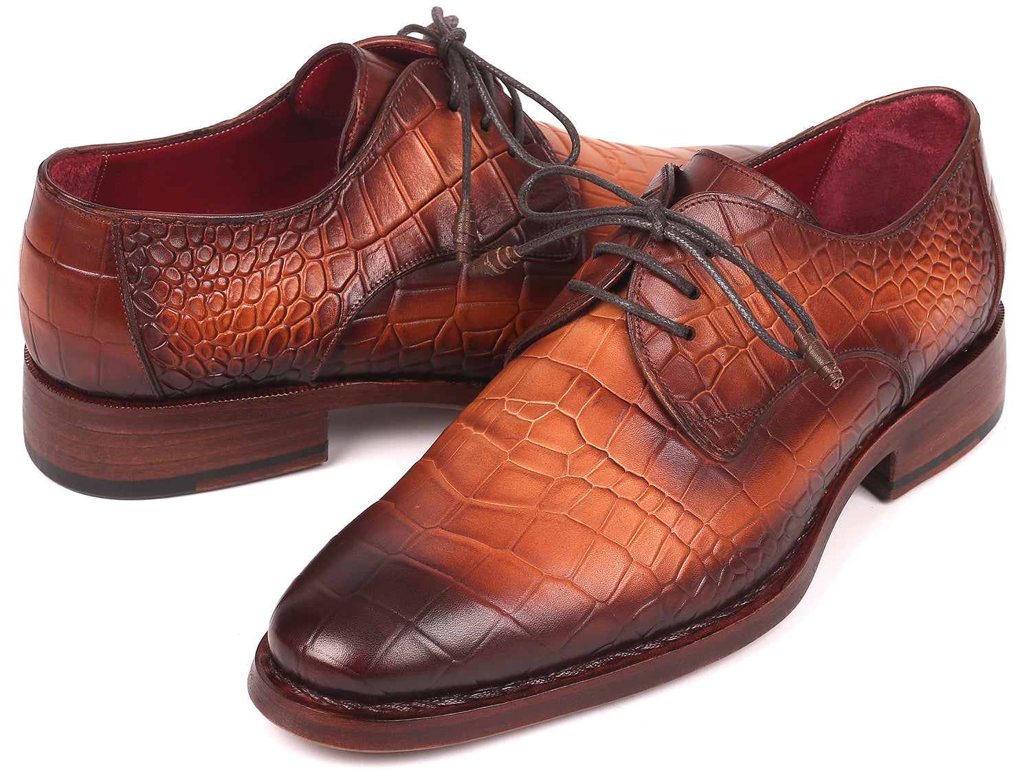 Paul Parkman Brown Crocodile Embossed Calfskin Goodyear Welted Derby shoes showcasing luxurious hand-painted finish and elegant design.